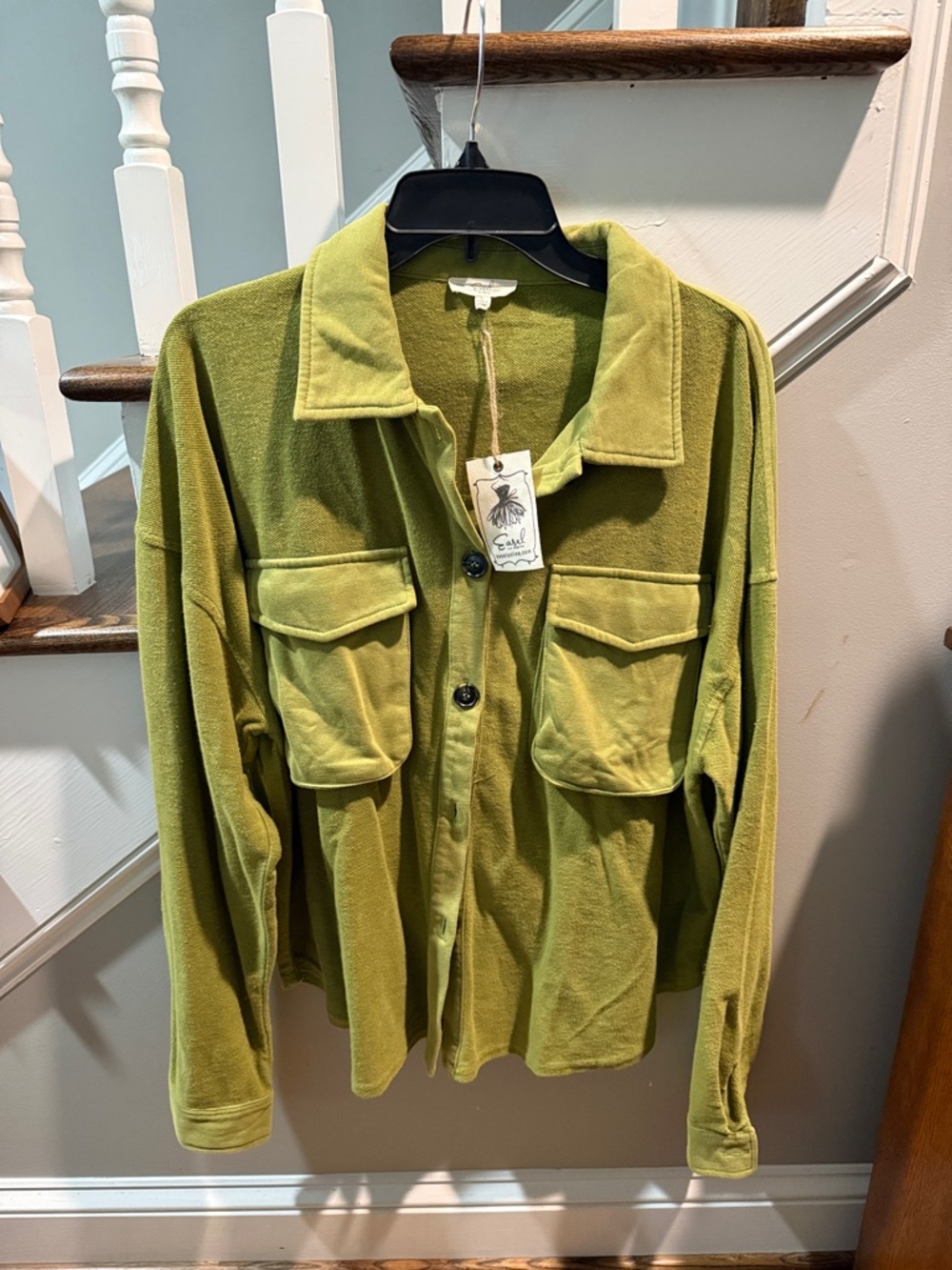 Easel Olive Green Button-Up French Terry Shacket with Chest Pockets